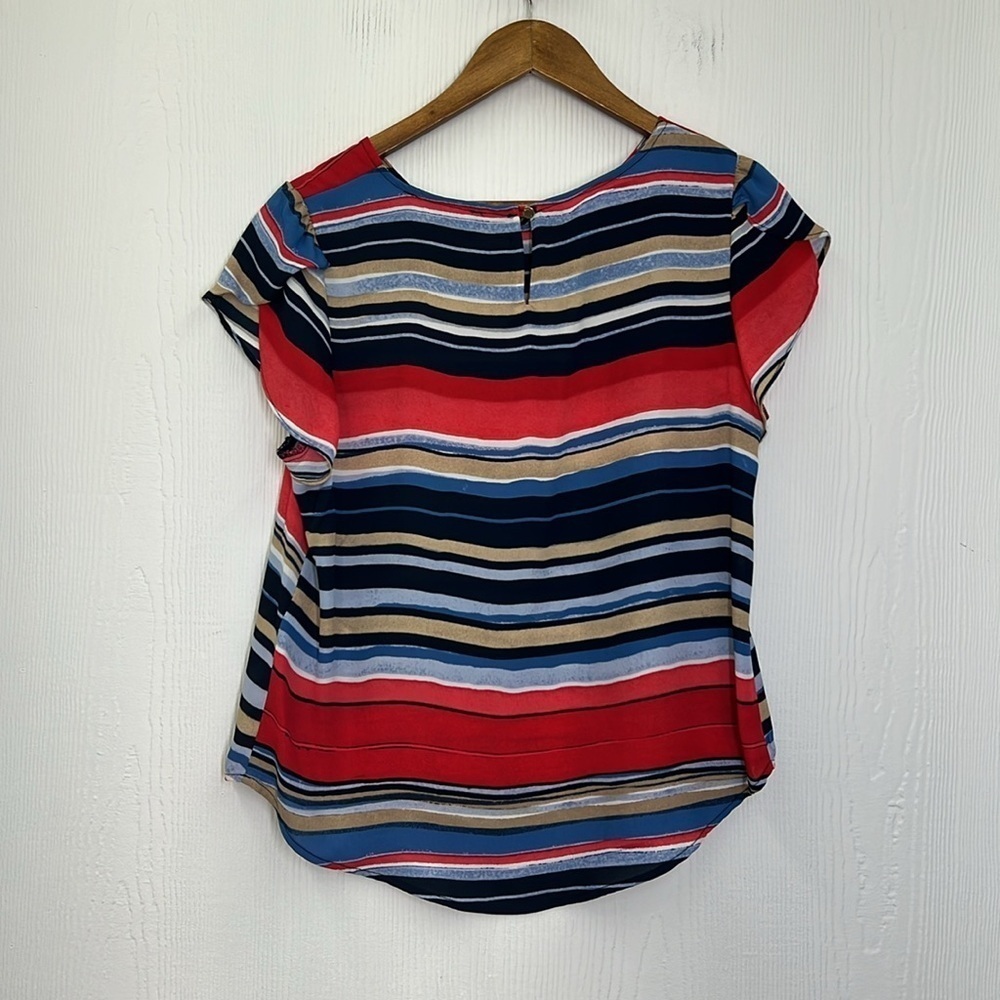 DKNY - Colorful Striped Crewneck Split Flutter Short Sleeve Blouse Size P Xl - Picture 9 of 10